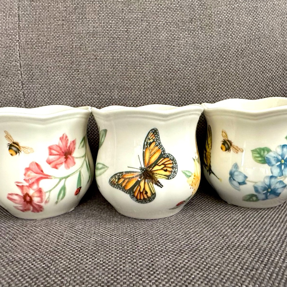 3 Lenox BUTTERFLY MEADOW Tea Light Stand Candle Holder With Original Candles NEW